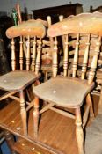 A SET OF FOUR OAK RUSH SEATED LADDER BACK CHAIRS, two spindle back chairs and an oak occasional