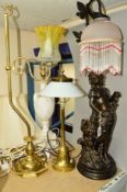 TWO BRASS ELECTRIC LAMPS, both with shades, approximate height of the tallest 70cm, together with