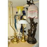 TWO BRASS ELECTRIC LAMPS, both with shades, approximate height of the tallest 70cm, together with