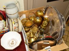 A BOX OF METAL WARES, to include plated trays, brass oil lamp, etc