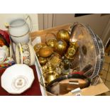 A BOX OF METAL WARES, to include plated trays, brass oil lamp, etc