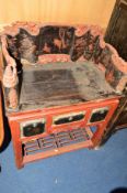 A 20TH CENTURY ORIENTAL PAINTED WOOD WASHSTAND, red and black ground, the gallery top with carved