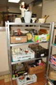 SEVEN BOXES KITCHEN RELATED ITEMS, GLASSWARE etc, to include Salters scales, labels, whisks,