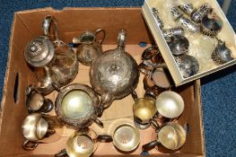 A BOX OF SILVER PLATE to include a Victorian four piece tea set, cruet sets, tankards etc