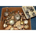 A BOX OF SILVER PLATE to include a Victorian four piece tea set, cruet sets, tankards etc