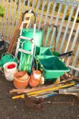 A SET OF WOODEN STEP LADDERS, aluminium step ladders, green water barrel, plastic seeder bucket,