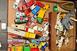 A QUANTITY OF UNBOXED AND ASSORTED PLAYWORN DIECAST VEHICLES, Match, Corgi Junior etc, with a