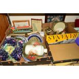 THREE BOXES OF CERAMICS, BOOKS, BRASS FRAMED PRINTS ETC, and a canteen of cutlery