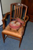 A EDWARDIAN MAHOGANY CARVER CHAIR and two victorian foot stools (3)