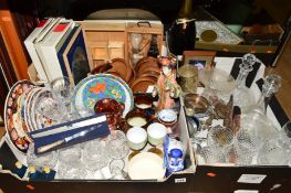 TWO BOXES OF SUNDRY ITEMS to include a stirling silver paper knife, ships decanters, drinking