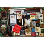 A BOX OF COSTUME JEWELLERY AND WATCHES to include a selection of mainly gentleman's wristwatches,