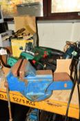 A CAST IRON VICE, a Handy Power Nu tool router, a Black and Decker jigsaw and two battery powered