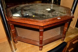 A MODERN OCTAGONAL GLASS TOPPED COFFEE TABLE together with a framed print and a pine framed oval