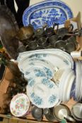 TWO BLUE AND WHITE WILLOW PATTERN MEAT PLATES, together with two boxes of pewter, ceramics and