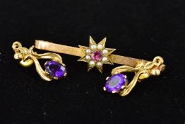 AN EARLY 20TH CENTURY 9CT GOLD GEM SET BROOCH AND A PAIR OF 9CT GOLD AMETHYST EARRINGS, the brooch