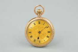 AN EARLY 20TH CENTURY 9CT GOLD POCKET WATCH with Roman numeral hour markers, engraved floral