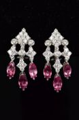 A PAIR OF PICCHIOTTI 18CT WHITE GOLD MODERN FANCY DIAMOND AND PINK TOURMALINE EAR PENDANTS, centring