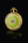 A FRENCH EARLY 20TH CENTURY 18CT GOLD, ENAMEL AND DIAMOND POCKET WATCH CASE, of circular outline, to