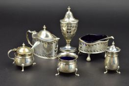 AN ELIZABETH II SILVER NEO-CLASSICAL STYLE THREE PIECE CRUET SET, of oval outline, beaded rims,