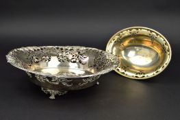 A GEORGE V OVAL SILVER BOWL, foliate scroll pierced decoration, on an oval foot, makers Cornelius