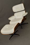 CHARLES & RAY EAMES STYLE LOUNGE CHAIR, with a rosewood finish and white leather