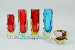FIVE PIECES OF MURANO SOMMERSO GLASS, to include two red, yellow and clear, one red, yellow and pale
