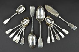 A PARCEL OF MATCHED 19TH CENTURY FIDDLE PATTERN FLATWARE, comprising two tablespoons, a butter