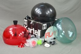 KARTELL, ITALY, a set of three FL/Y transparent pendant light in green, black and red (with one