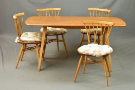 AN ERCOL ELM 1960'S DINING TABLE, on four beech legs, width 151.5cm x depth 151cm x height 71cm