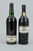 TWO BOTTLES OF FINE OLD VINTAGE PORT, to include a bottle of Cockburn's 1963 Vintage Port, fill