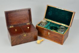 A GEORGE III RECTANGULAR MAHOGANY AND ROSEWOOD BANDED TEA CADDY, hinged carry handle to the hinged