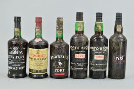 SIX BOTTLES OF ASSORTED PORT, comprising two bottle of Porto Krohn 1960, a bottle of Rocha's 1964, a