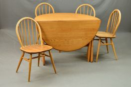 A NEAR SET OF FOUR ERCOL ELM AND BEECH 1960'S STICK CHAIRS, together with a modern Ercol drop-leaf