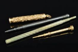 FOUR EARLY 20TH CENTURY RETRACTABLE PENCILS, to include a 9ct gold pencil engraved with scrolling