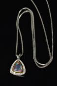AN 18CT GOLD OPAL AND DIAMOND PENDANT NECKLACE, the triangular boulder opal cabochon suspended