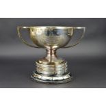 A GEORGE V SILVER CIRCULAR TWIN HANDLED TROPHY CUP, 'The Hargreaves Bowl 1921 Perpetual Trophy,