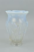 A 1930'S BAROLAC OPALINE VASE, with raised tulip decoration, height 23.5cm