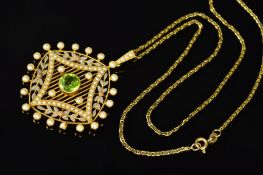 A GOLD CIRCULAR PERIDOT AND SEED PEARL BELLE EPOQUE PENDANT, centring on a round peridot