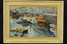 JOHN WAKE (BRITISH 20TH CENTURY), 'Brixham Harbour', fishing boats at their moorings, oil on