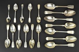 A SET OF FOUR VICTORIAN SILVER FIDDLE PATTERN TABLESPOONS, engraved initials, makers Joseph & Albert