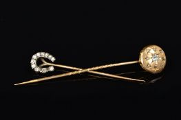 TWO DIAMOND STICKPINS, the first designed as a horseshoe set with single cut diamonds (two missing),