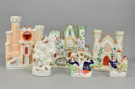 A COLLECTION OF VICTORIAN STAFFORDSHIRE POTTERY, including a watch holder spill vase in the form