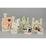 A COLLECTION OF VICTORIAN STAFFORDSHIRE POTTERY, including a watch holder spill vase in the form