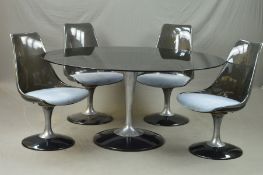 SPACE AGE MARQUISE FOR CROMCRAFT, a 1970's dining suite, comprising of an oval smoked glass topped