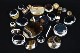 A SELECTION OF LOOSE BANDED AGATE CABOCHONS AND PANELS, one set to a button back, the rest loose,