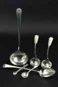 A GEORGE III SILVER OLD ENGLISH PATTERN SOUP LADLE AND MATCHING BASTING SPOON, engraved initials,