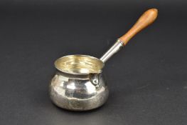 A GEORGE II PROVINCIAL SILVER BRANDY WARMER, with turned wooden handle, makers mark for John