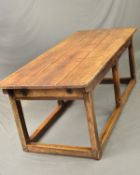 A 19TH CENTURY OAK REFECTORY DINING TABLE INCORPORATING SOME OLDER TIMBERS, triple panel top