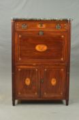 A 19TH CENTURY CONTINENTAL MAHOGANY, WALNUT AND INLAID SECRETAIRE ABATTANT, the black and grey