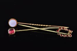 THREE VICTORIAN GEM STICKPINS, the first a circular carnelian panel within a plain collet mount, the